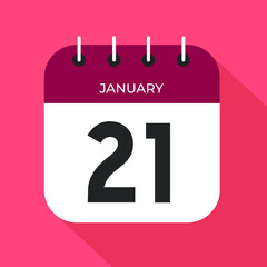 Calendar day 21. Number twenty-one on a white paper with wine color border on pink background vector.