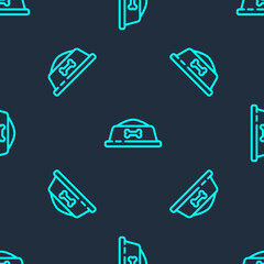 Green line Pet food bowl for cat or dog icon isolated seamless pattern on blue background. Dog bone sign. Vector.