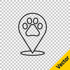 Black line Map pointer with veterinary medicine hospital, clinic or pet shop for animals icon isolated on transparent background. Vet or veterinarian clinic. Vector.