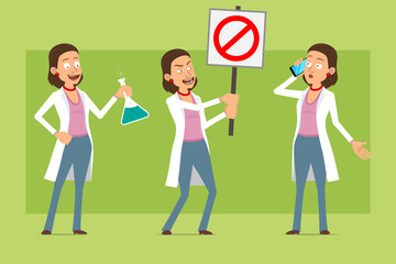 Cartoon flat funny doctor woman character in white uniform. Girl talking on phone and holding no entry stop sign. Ready for animation. Isolated on green background. Vector set.