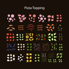 Pizza constructor. Create your own pizza with  all kinds of pizza toppings. Meat and fish filling for pizza, cheeses, vegetables, greens, mushrooms. Flat design