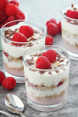 Granola with yogurt trifles with raspberry