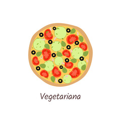 Pizza vegetariana top view with ingredients. Italian tasty pizza with tomatoes, zucchini, .black olives, capers, basil and sause. Flat style isolated on white background. 