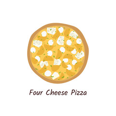Four cheese pizza top view with ingredients. Italian tasty pizza with  mozzarella, briel and ricotta. Flat style isolated on white background. 