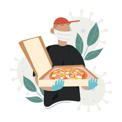 Pizza delivery man in medical mask and sterile gloves. Safe and fast home delivery. Safety delivery concept. Flat illustration
