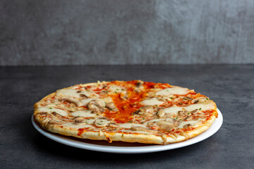 Simple white plate with crunchy crest  mushroom pizza and golden yellow orange tint studio low key still life against a stylish modern gray background with plenty white space