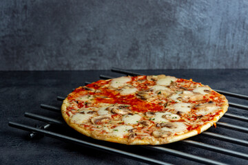 Color contrast of simple cheese mushroom pizza with crunchy crest and golden yellow orange tint studio low key still life against a dark blueish rustic metallic background