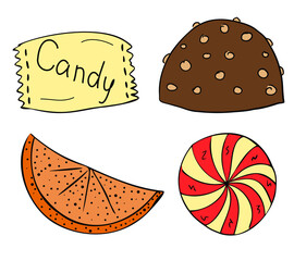 Four sweets. Packaged chocolate with nuts, round candies, marmalade. Striped caramel. Colored isolated objects with dark outline.Doodle.