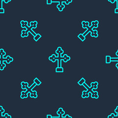 Green line Christian cross icon isolated seamless pattern on blue background. Church cross. Vector.