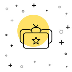 Black line Ushanka icon isolated on white background. Russian fur winter hat ushanka with star. Soviet Union uniform of KGB and NKVD. Random dynamic shapes. Vector.