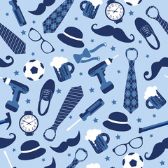 Seamless pattern of Fathers day. Flat set icons on light blue background.
