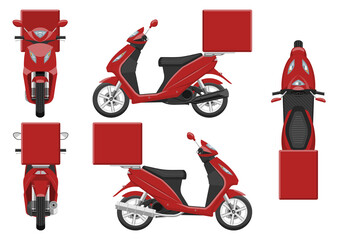 Red delivery motorcycle vector template with simple colors without gradients and effects. View from side, front, back, and top © Yuri Schmidt
