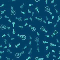 Green line Mexican guitar icon isolated seamless pattern on blue background. Acoustic guitar. String musical instrument. Vector.