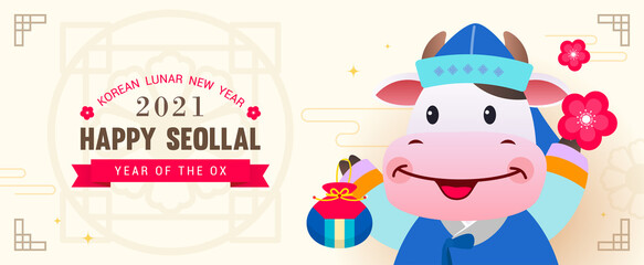 Naklejka premium Happy Seollal (Korean Lunar New Year 2021) Banner vector illustration. Cute cow in hanbok costume holding lucky bag