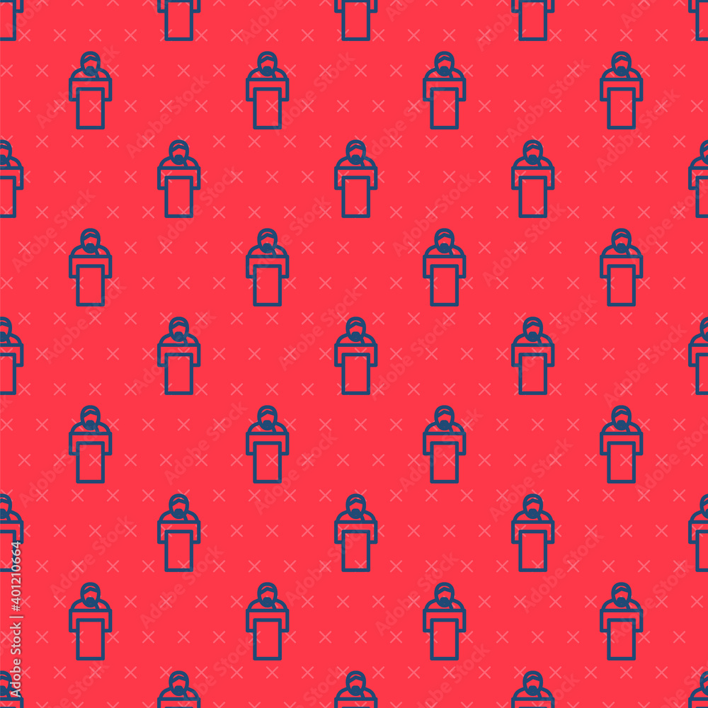 Poster blue line gives lecture icon isolated seamless pattern on red background. stand near podium. speak i