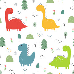 Fototapeta na wymiar Seamless pattern dinosaur and tree Cute animal cartoon background hand-drawn in kid-style design for print, wallpaper, fabric, textile vector illustration