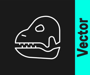 White line Dinosaur skull icon isolated on black background. Vector.