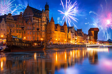 Fototapeta na wymiar Fireworks display over the old town in Gdansk, Poland