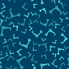 Green line Roller scooter for children icon isolated seamless pattern on blue background. Kick scooter or balance bike. Vector.