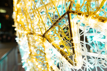 Detail picture of yellow and blue Christmas lights used in different ornaments and objects during November and December