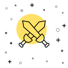 Black line Crossed medieval sword icon isolated on white background. Medieval weapon. Random dynamic shapes. Vector.