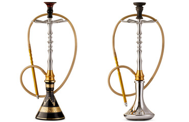 Two traditional and modern turkish or arabian hookah, isolated on white background. Handmade carved gold pattern, crystal glass bowl