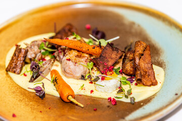Chicken meat with caramelized vegetables and cauliflower puree. Food styling and restaurant meal serving.