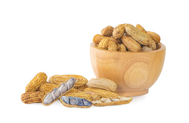 peanuts boil in wooden bowl an isolated on white background