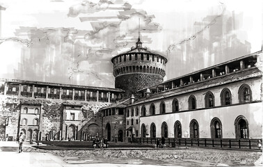 Old medieval Sforza Castle Castello Sforzesco, Milan, Italy. Sketch illustration.