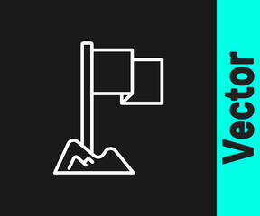 White line Flag icon isolated on black background. Location marker symbol. Vector.