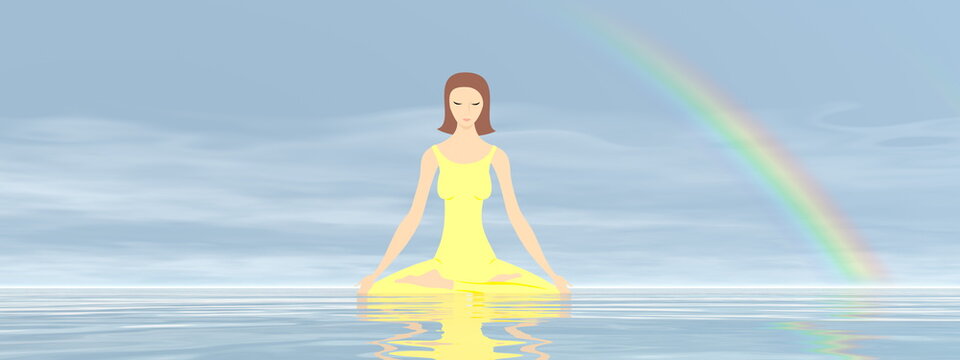 Young woman meditating peacefully upon water by blue day with rainblow - 3D render