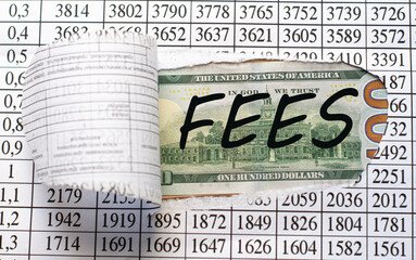 FEES is the word behind torn office paper with numbers