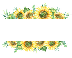 Watercolor frame with sunflowers floral border