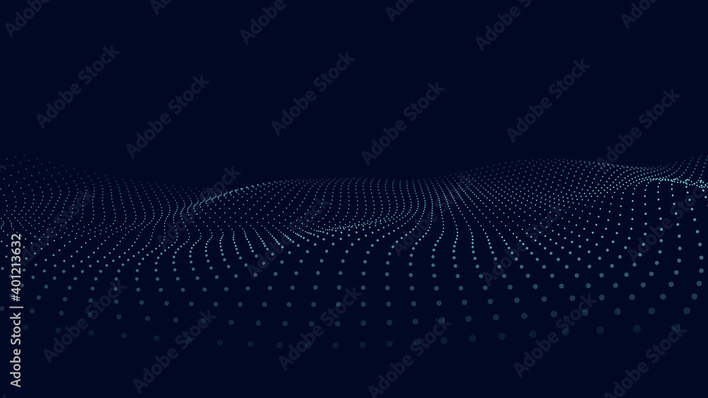 Aufkleber A wave of moving particles. Abstract 3d vector illustration on a dark background.