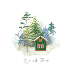 Fototapeta premium Green lonely forest house in pine, spruce wood. Watercolor landscape