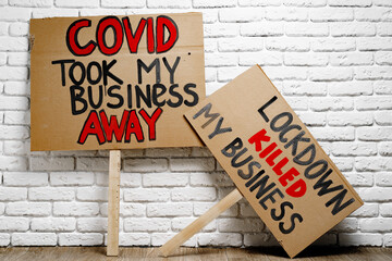 Protestive placard against coronavirus lockdowns close up