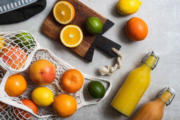 Freshly squeezed juice in glass bottle in zero waste kitchen