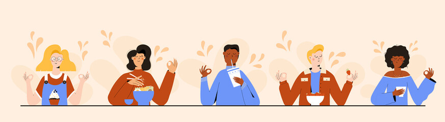 Set of people practicing mindful eating exercise. Concept illustration for meditation, relax, recreation, healthy lifestyle, mindfulness practice. Landing page, banner design