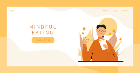 Cute man practicing mindful eating exercise in nature and leaves. Concept illustration for meditation, relax, recreation, healthy lifestyle, mindfulness practice. Landing page, banner design