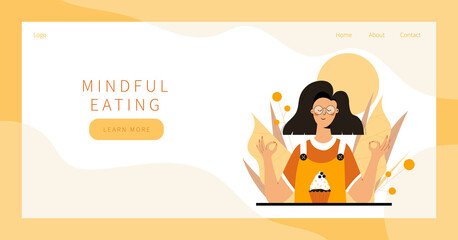 Cute woman practicing mindful eating exercise in nature and leaves. Concept illustration for meditation, relax, recreation, healthy lifestyle, mindfulness practice. Landing page, banner design
