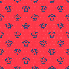 Blue line Bodybuilder showing his muscles icon isolated seamless pattern on red background. Fit fitness strength health hobby concept. Vector.