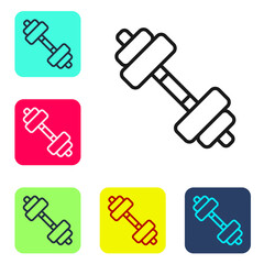 Black line Dumbbell icon isolated on white background. Muscle lifting icon, fitness barbell, gym, sports equipment, exercise bumbbell. Set icons in color square buttons. Vector.