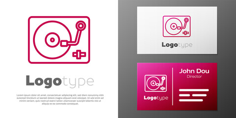 Logotype line Vinyl player with a vinyl disk icon isolated on white background. Logo design template element. Vector.