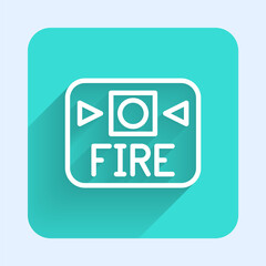 White line Fire alarm system icon isolated with long shadow. Pull danger fire safety box. Green square button. Vector.