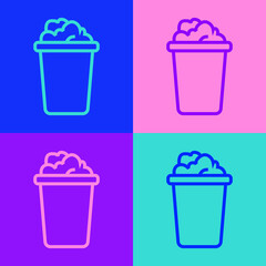 Pop art line Bucket with soap suds icon isolated on color background. Bowl with water. Washing clothes, cleaning equipment. Vector.