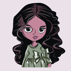 A cute, beautiful doll with a naive face and lush hair. Portrait of a girl, doll. Vector isolated images.