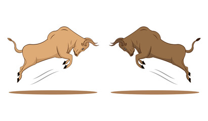 Two color of big Cow or OX - Jumping or Fighting in the air drawing in cartoon vector