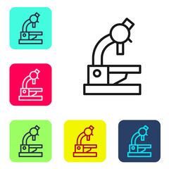 Black line Microscope icon isolated on white background. Chemistry, pharmaceutical instrument, microbiology magnifying tool. Set icons in color square buttons. Vector.