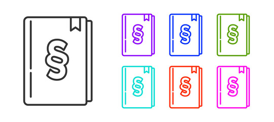 Black line Law book icon isolated on white background. Legal judge book. Judgment concept. Set icons colorful. Vector.
