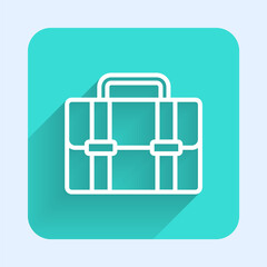 White line Briefcase icon isolated with long shadow. Business case sign. Business portfolio. Green square button. Vector.